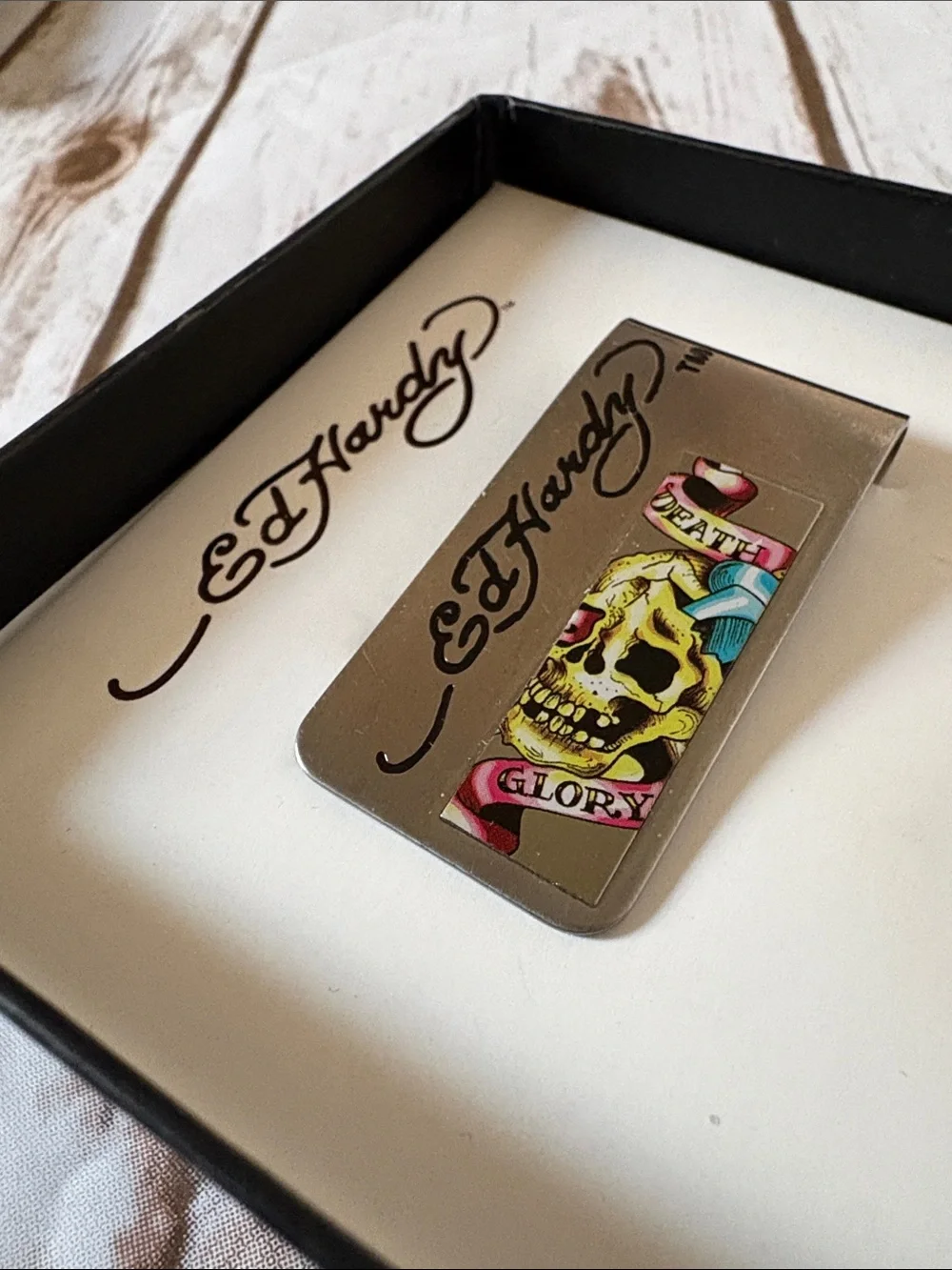 Ed Hardy Money Clip Death & GloryBlack in Original Box with Colorful Tattoo Art